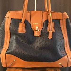 Vintage London Fog Tan & Navy Faux Ostrich Tote
